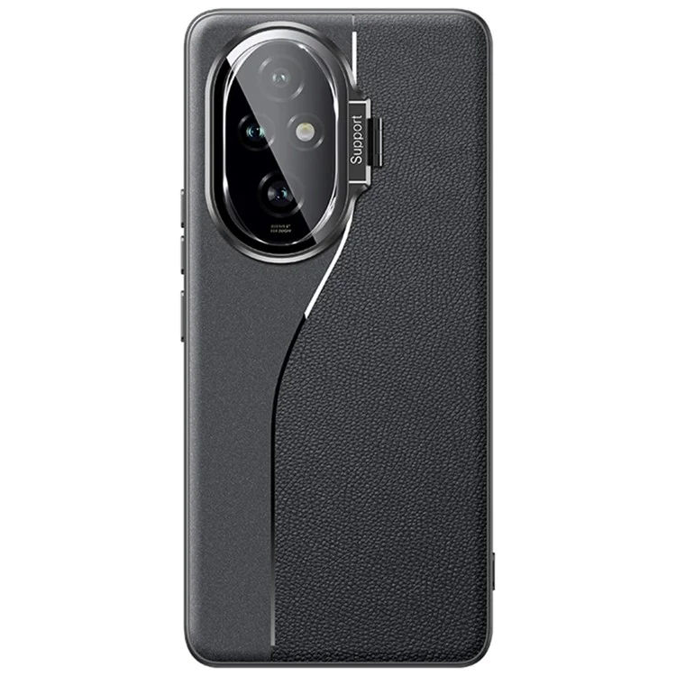 For Honor 200 Pro 5G Case Leather+TPU+PC Anti-Scratch Phone Cover with Camera Cover Kickstand - Black