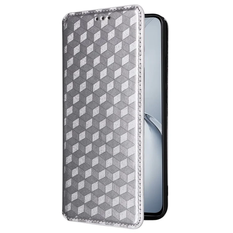 Для OnePlus Nord CE4 Lite 5G / Oppo K12x 5G (China) Чехол для телефона из кожи, ромбовидный узор, магнитный - серебро