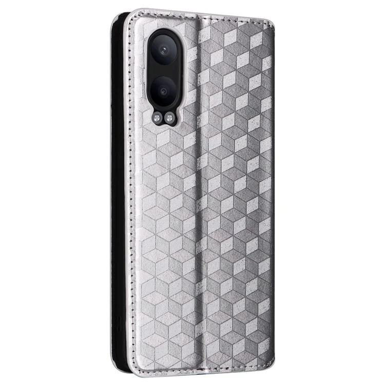 Для OnePlus Nord CE4 Lite 5G / Oppo K12x 5G (China) Чехол для телефона из кожи, ромбовидный узор, магнитный - серебро