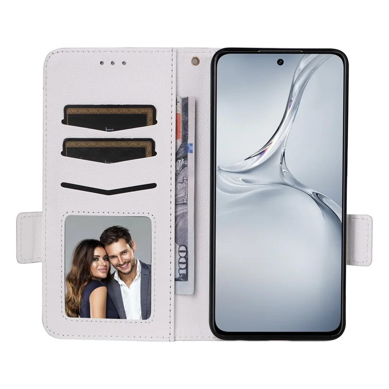 For OnePlus Nord CE4 Lite 5G / Oppo K12x 5G (China) Case with Wrist Strap Litchi Texture PU Leather Wallet Phone Cover - White