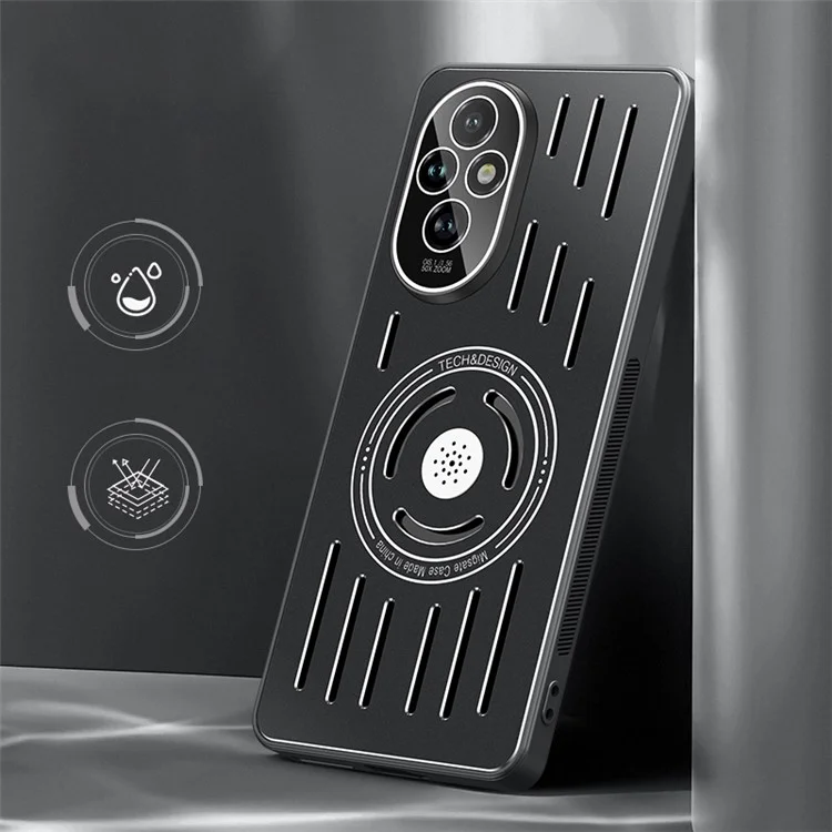 For Honor 200 5G Phone Cover TPU+Metal Anti-Drop Heat Dissipation Phone Case with Lens Film - Black