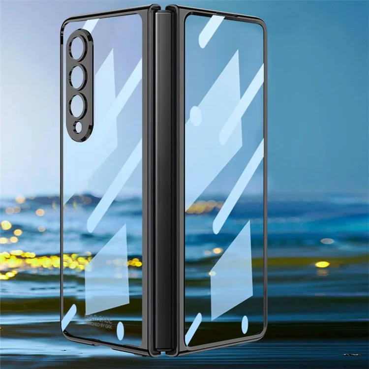 GKK для Samsung Galaxy Z Fold4 5G Electroplating Transparent Phone Cover Precise Cutout PC Case с Темперированным Стеклянным Экранным Фильмом - Черный