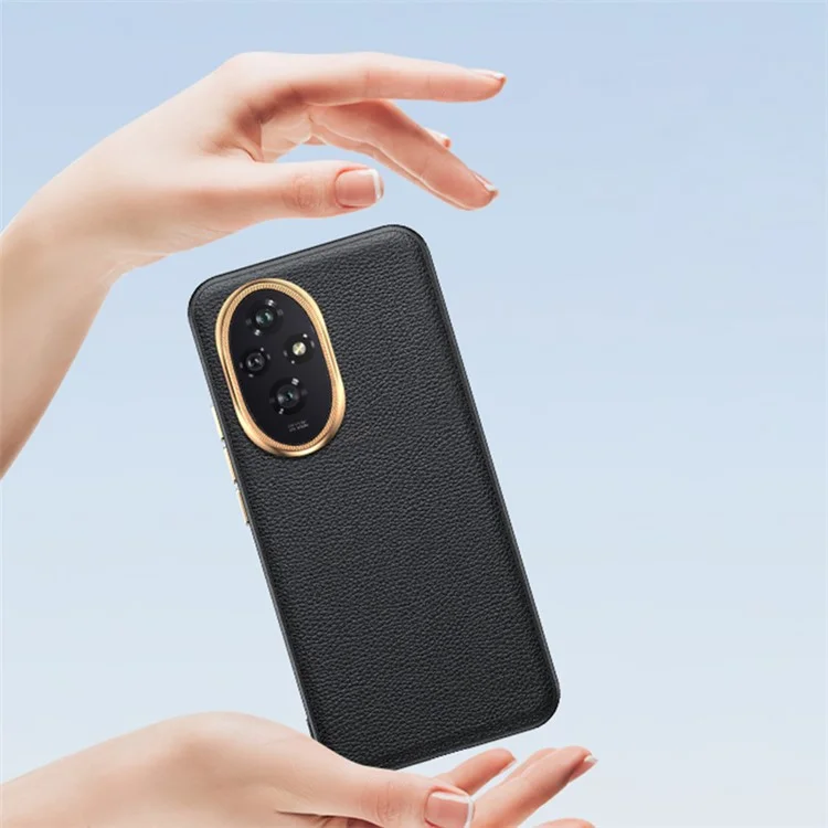 Для Honor 200 Pro 5G Metal Lens Frame Phone Case Wholesale Phone Cases PU Leather+TPU Shell - Черный