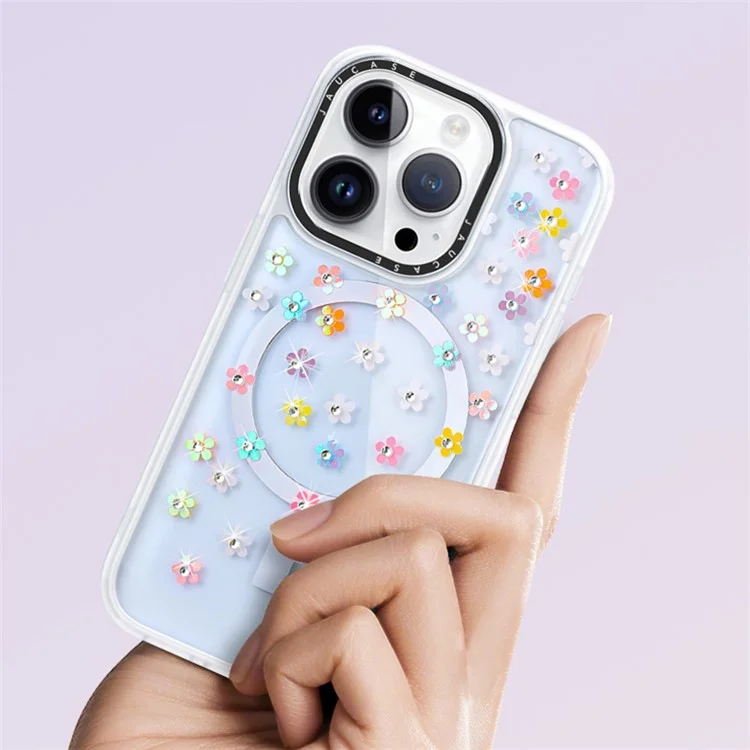 JAUCASE Para iPhone 15 Pro Max Decoração de Strass de Flor PC+TPU Capa de Telefone Celular Compatível com MagSafe - Flor Colorida+Branco