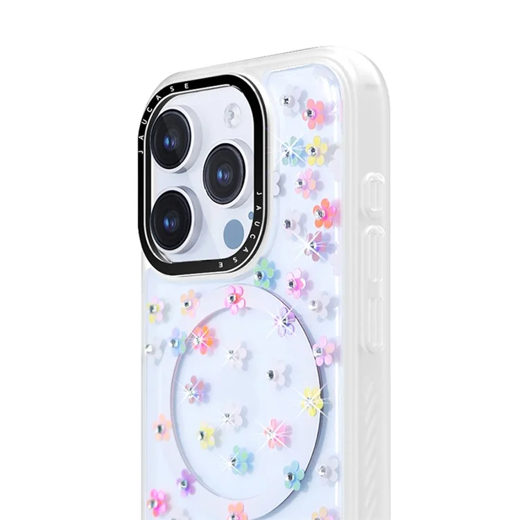 JAUCASE Para iPhone 15 Pro Max Decoração de Strass de Flor PC+TPU Capa de Telefone Celular Compatível com MagSafe - Flor Colorida+Branco