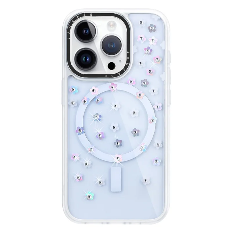 JAUCASE For iPhone 15 Pro Max Rhinestone Decor Flower PC+TPU Cell Phone Cover Compatible with MagSafe - Flower+White