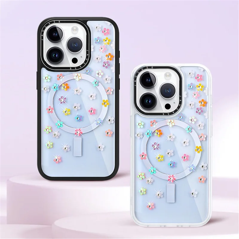 JAUCASE For iPhone 15 Pro Max Rhinestone Decor Flower PC+TPU Cell Phone Cover Compatible with MagSafe - Flower+White
