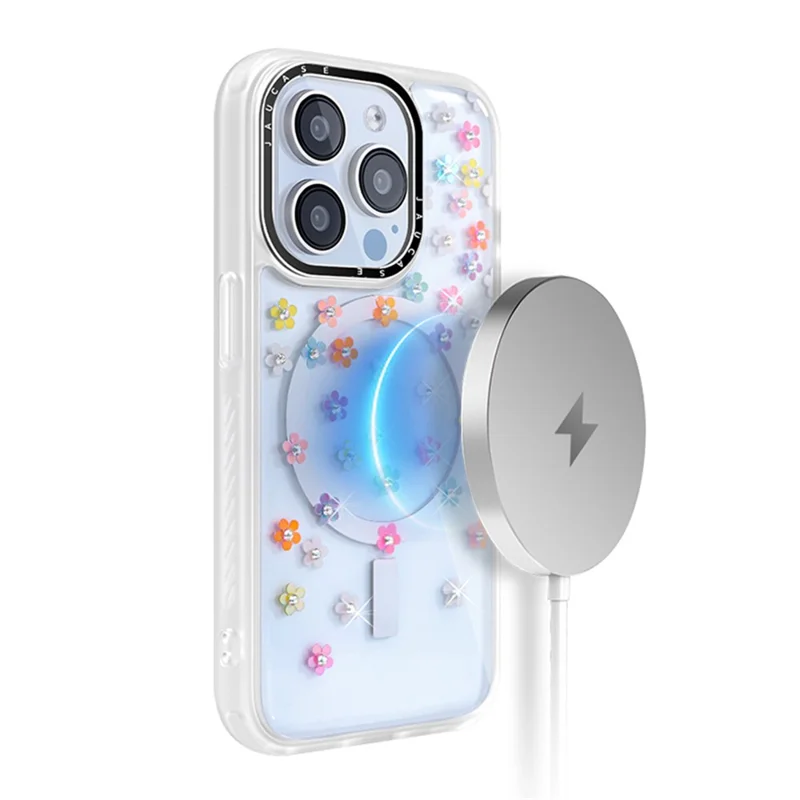 JAUCASE For iPhone 15 Pro Max Rhinestone Decor Flower PC+TPU Cell Phone Cover Compatible with MagSafe - Flower+White
