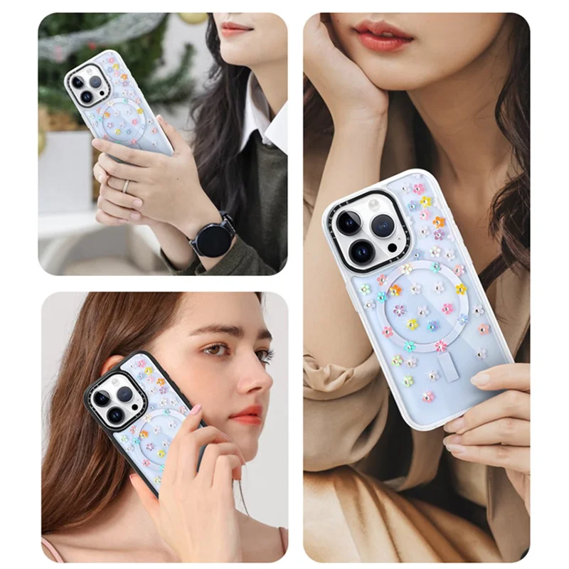 JAUCASE For iPhone 15 Pro Max Rhinestone Decor Flower PC+TPU Cell Phone Cover Compatible with MagSafe - Flower+White