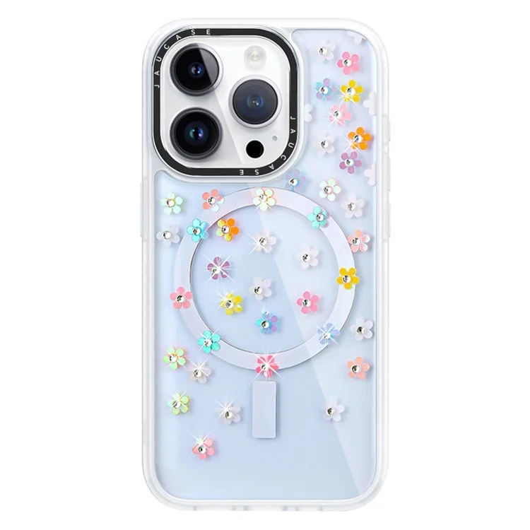 JAUCASE For iPhone 14 Pro Rhinestone Decor Flower Laser PC+TPU Phone Cover Compatible with MagSafe - Colorful Flower+White