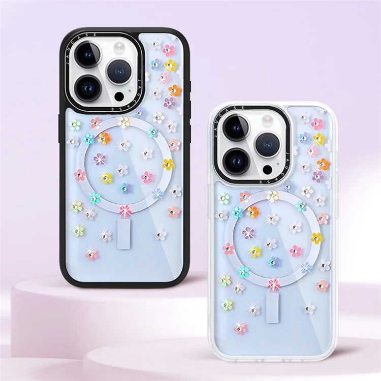 JAUCASE For iPhone 14 Pro Rhinestone Decor Flower Laser PC+TPU Phone Cover Compatible with MagSafe - Colorful Flower+White