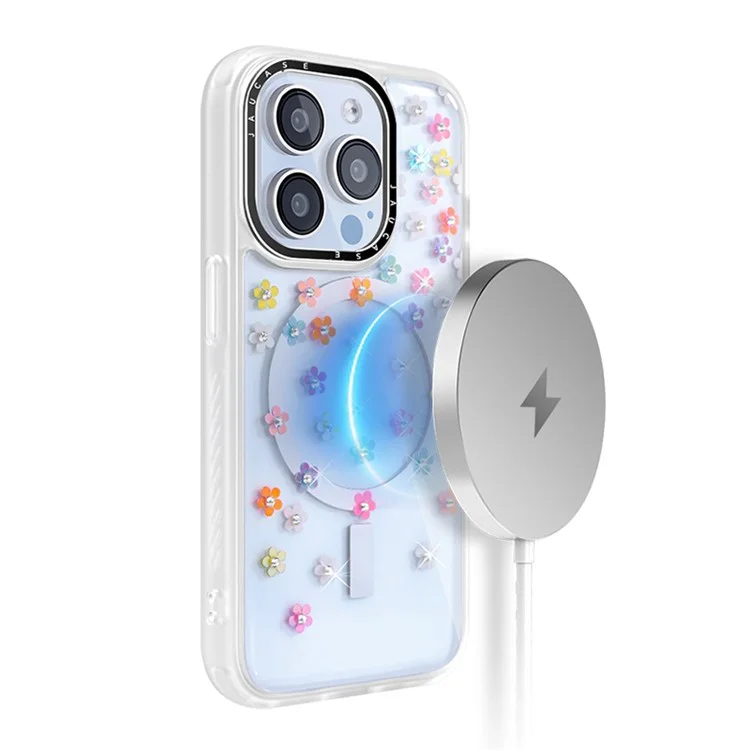 JAUCASE For iPhone 14 Pro Rhinestone Decor Flower Laser PC+TPU Phone Cover Compatible with MagSafe - Colorful Flower+White