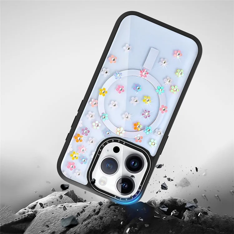 JAUCASE For iPhone 14 Pro Rhinestone Decor Flower Laser PC+TPU Phone Cover Compatible with MagSafe - Colorful Flower+White