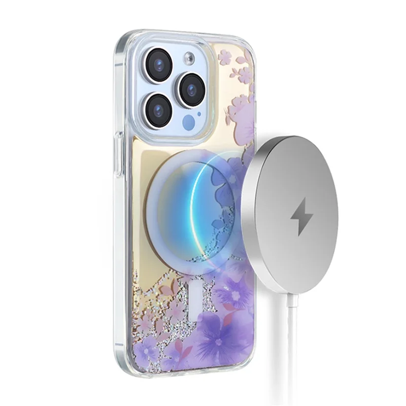 JAUCASE For iPhone 15 Pro Max Case Flower Pattern Mirror Surface TPU+PC Magnetic Cover - Purple Flower