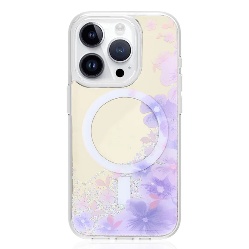 JAUCASE For iPhone 15 Pro Case Flower Pattern Mirror Surface TPU+PC Magnetic Cover - Purple Flower