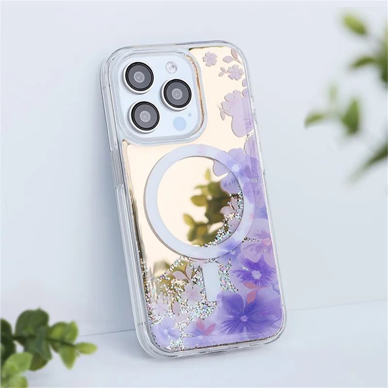 JAUCASE For iPhone 15 Pro Case Flower Pattern Mirror Surface TPU+PC Magnetic Cover - Purple Flower