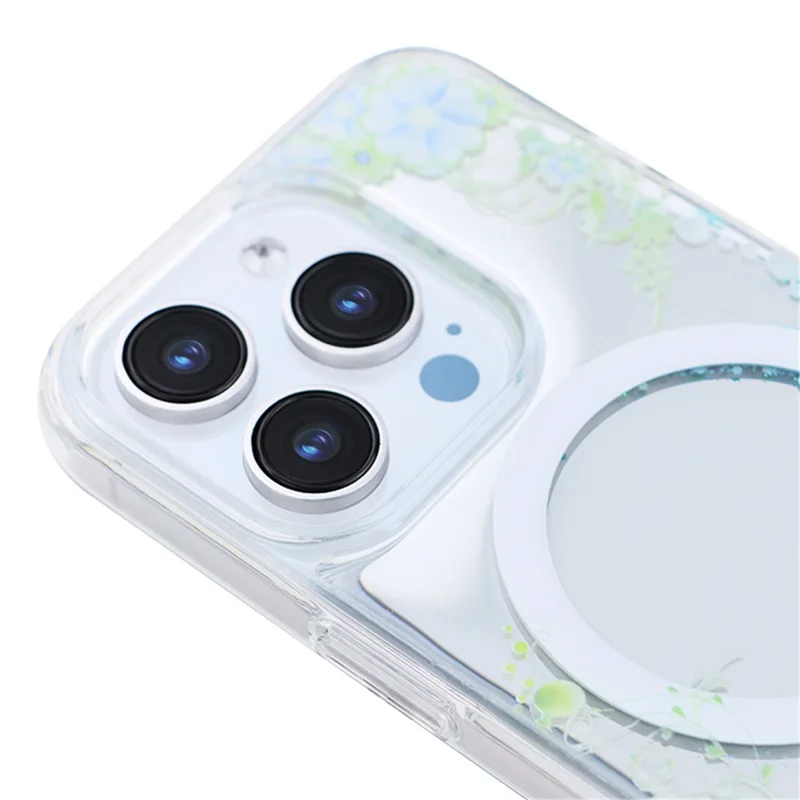 JAUCASE For iPhone 15 Pro Case Flower Pattern Mirror Surface TPU+PC Magnetic Cover - Purple Flower