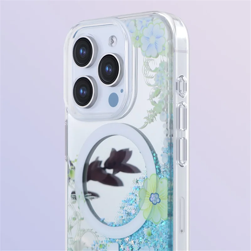 JAUCASE For iPhone 14 Pro Case Flower Pattern Mirror Surface TPU+PC Magnetic Cover - Purple Flower