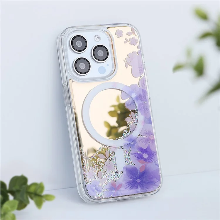 JAUCASE For iPhone 14 Pro Max Case Mirror Surface PC+TPU Phone Cover Compatible with MagSafe - Purple Flower