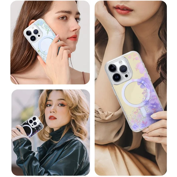 JAUCASE For iPhone 14 Pro Max Case Mirror Surface PC+TPU Phone Cover Compatible with MagSafe - Purple Flower