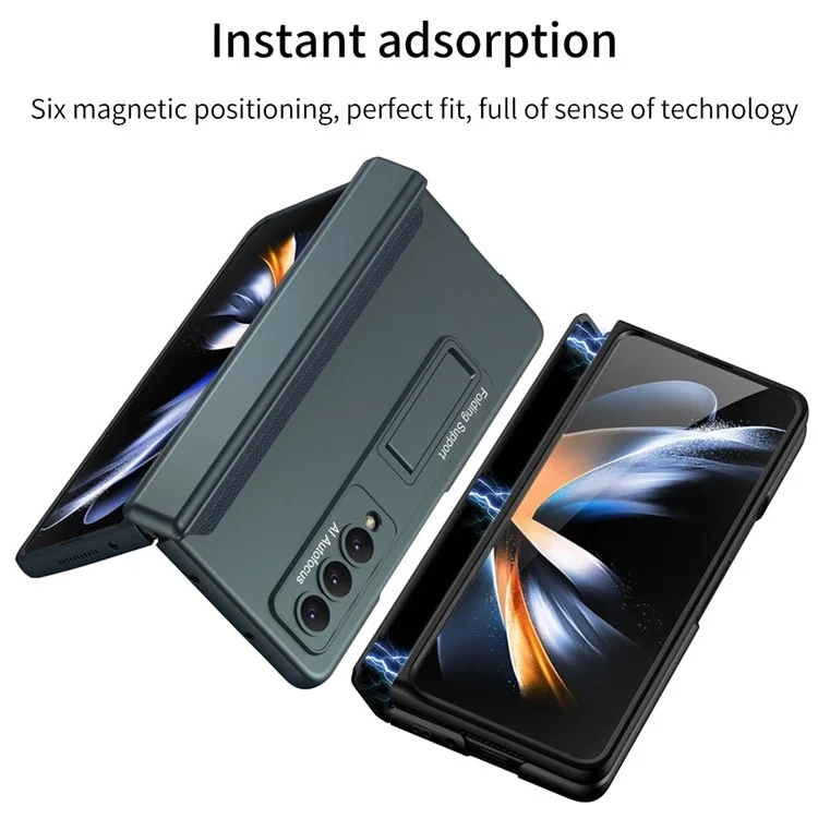 GKK For Samsung Galaxy Z Fold4 5G Magnetic Hinge Kickstand Folding Phone Case Hard PC Cover with Tempered Glass Screen Film - Black