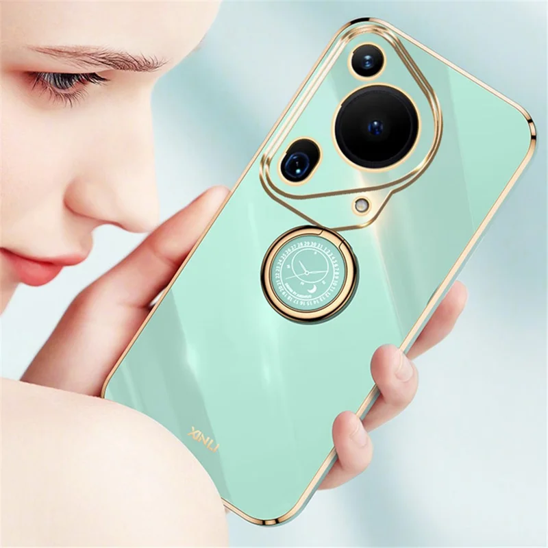 XINLI لجهاز Huawei Pura 70 Ultra غطاء واقي بمسند وحلقة دوارة مطلي بطبقة معدنية غطاء هاتف من مادة TPU - أزرق سماوي