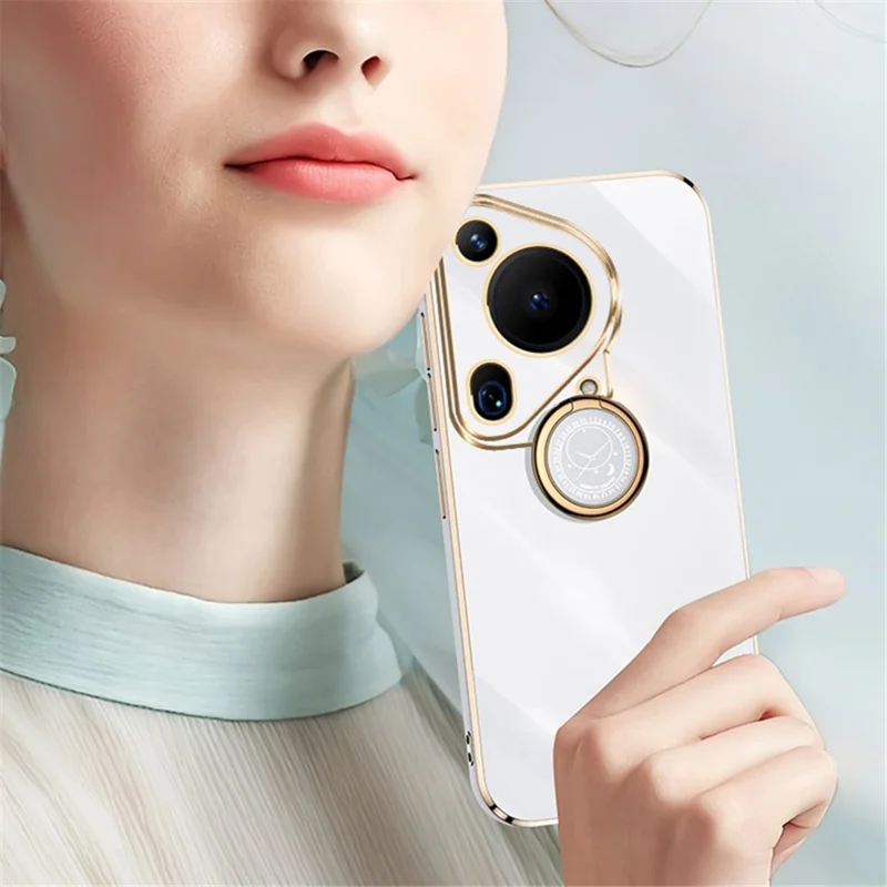 XINLI لجهاز Huawei Pura 70 Ultra غطاء واقي بمسند وحلقة دوارة مطلي بطبقة معدنية غطاء هاتف من مادة TPU - أزرق سماوي