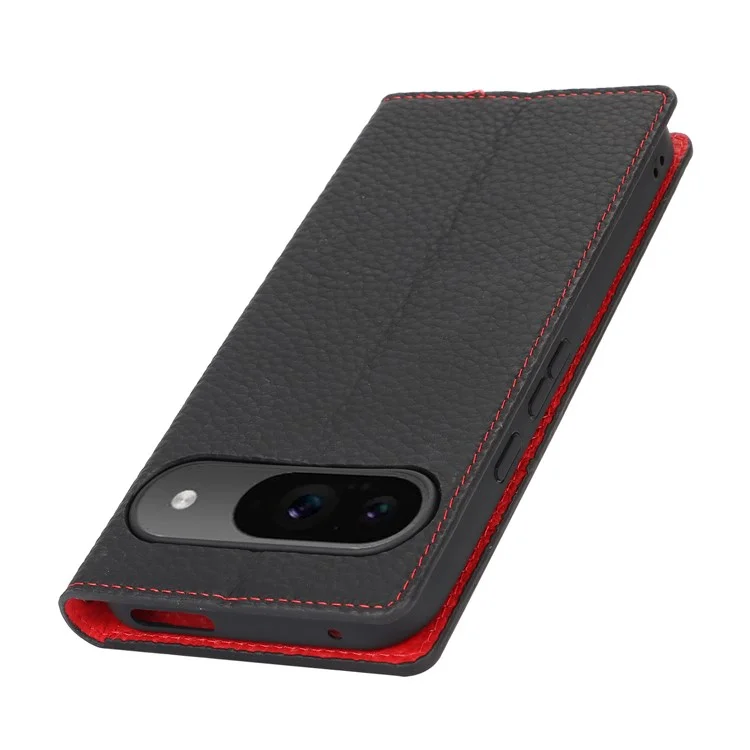 For Google Pixel 9 / 9 Pro Case with Hand Strap Genuine Cow Leather Phone Cover - Black