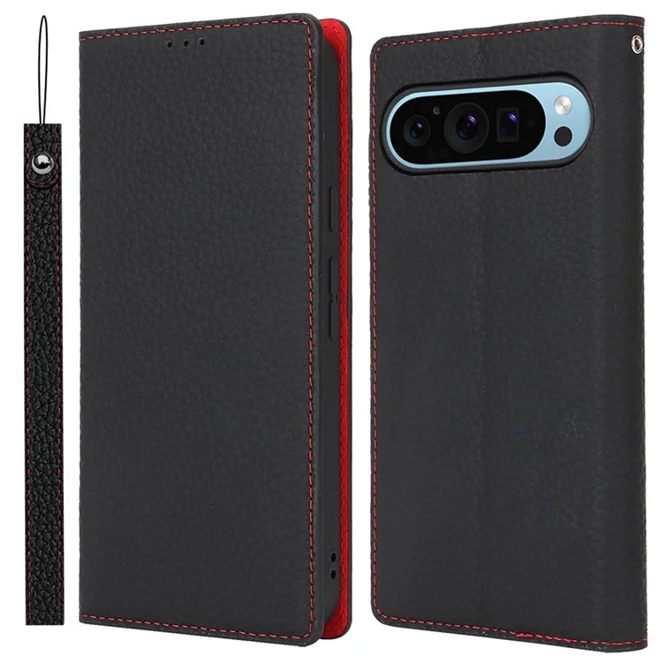 Para Google Pixel 9 Pro XL Case Litchi Texture Genuine Cow Leather Phone Cover - Black