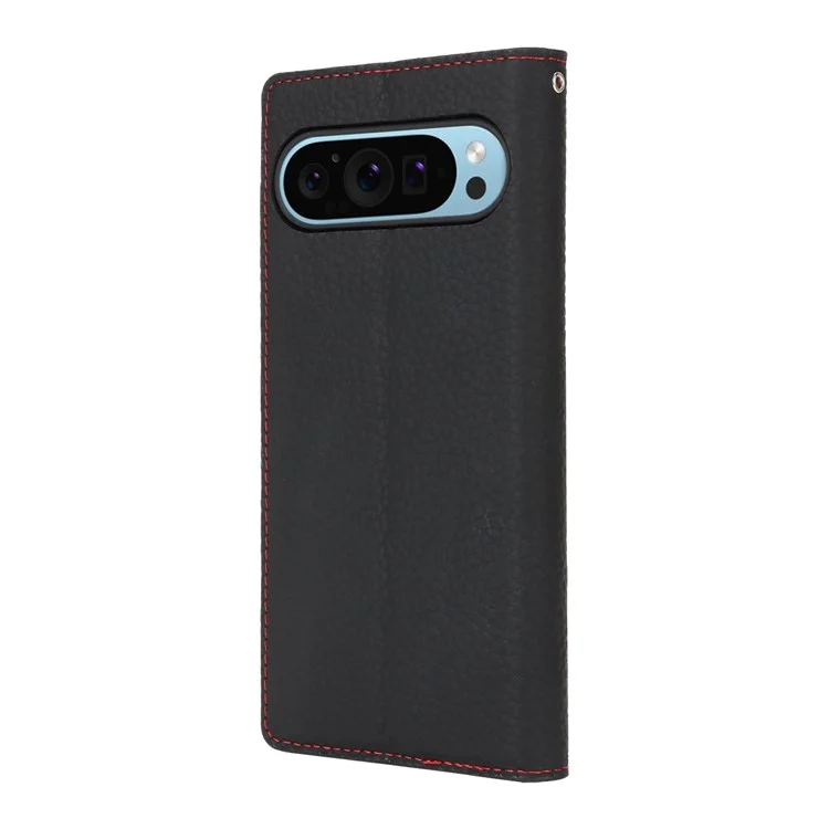 Para Google Pixel 9 Pro XL Case Litchi Texture Genuine Cow Leather Phone Cover - Black