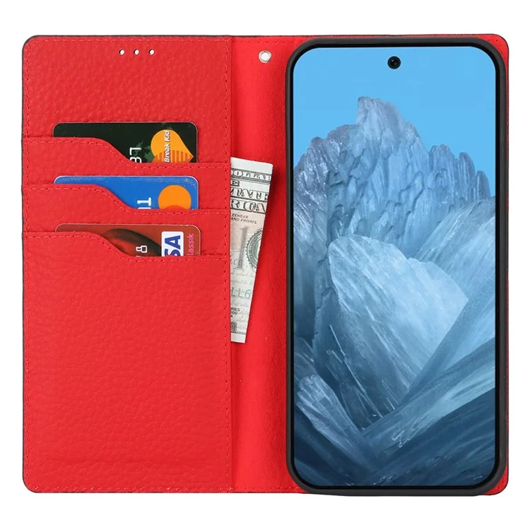 Para Google Pixel 9 Pro XL Case Litchi Texture Genuine Cow Leather Phone Cover - Black