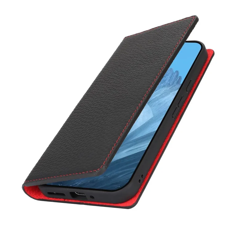 Para Google Pixel 9 Pro XL Case Litchi Texture Genuine Cow Leather Phone Cover - Black