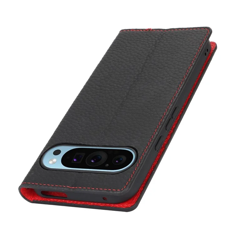 Para Google Pixel 9 Pro XL Case Litchi Texture Genuine Cow Leather Phone Cover - Black