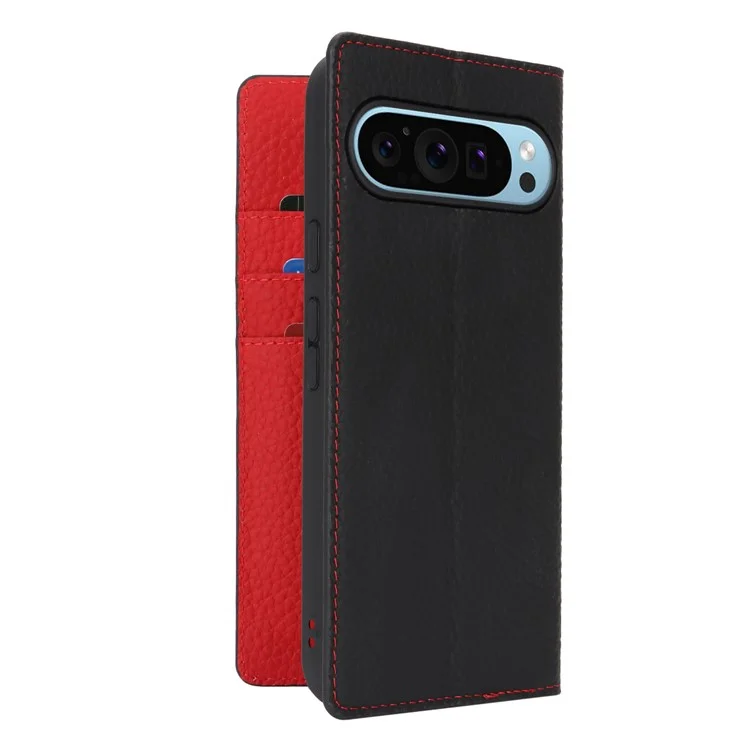 Para Google Pixel 9 Pro XL Case Litchi Texture Genuine Cow Leather Phone Cover - Black