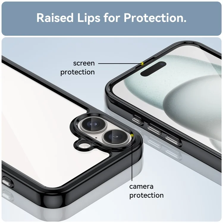 For iPhone 16 Plus Case TPU Frame Clear Acrylic Back Phone Cover - Black