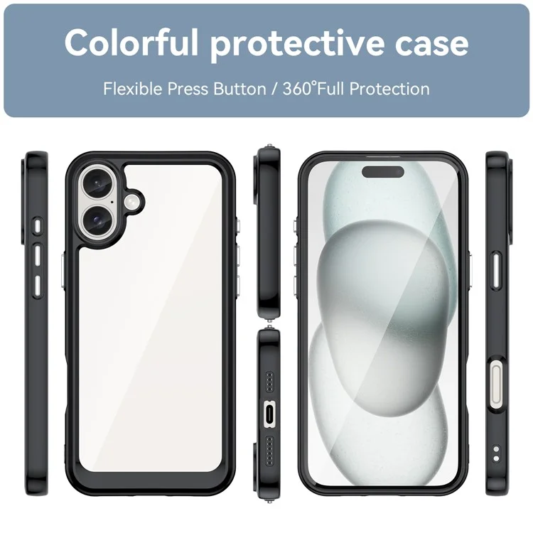 For iPhone 16 Plus Case TPU Frame Clear Acrylic Back Phone Cover - Black
