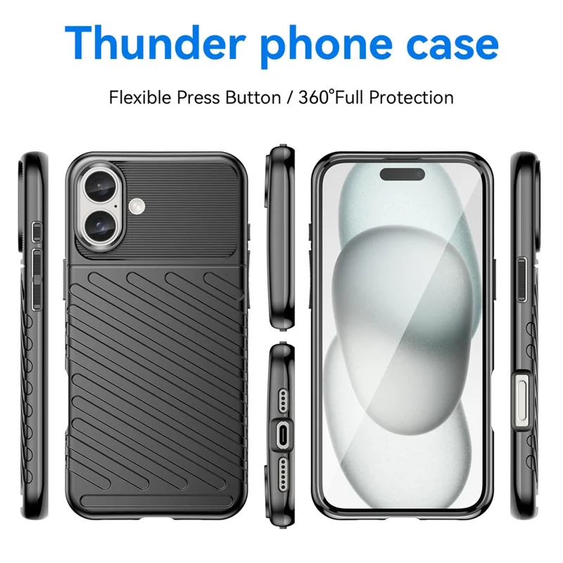 Thunder Series For iPhone 16 Plus Case Twill Texture Thickened TPU Soft Phone Cover - Nero