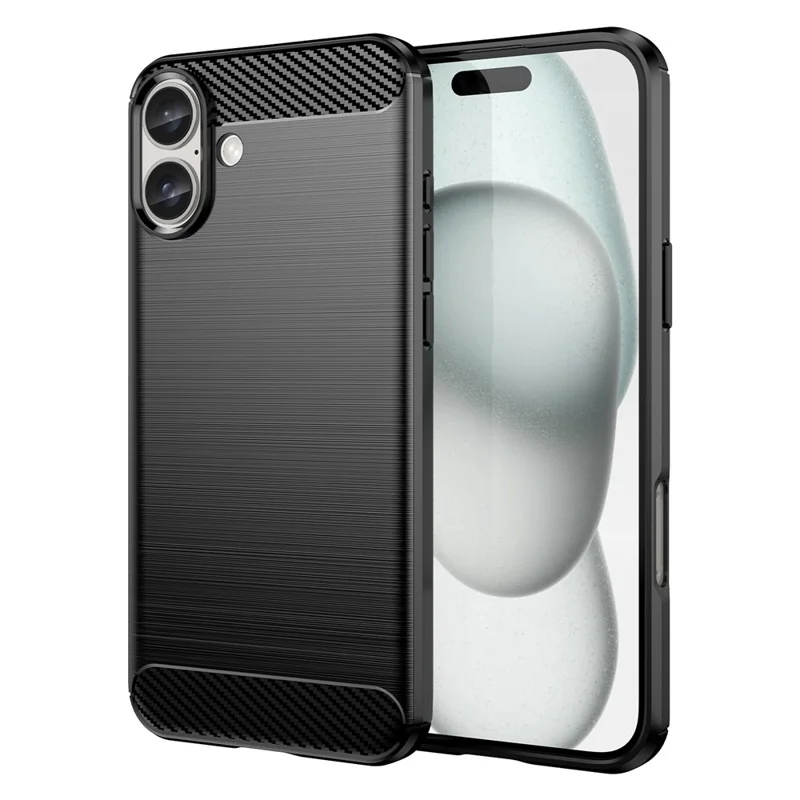For iPhone 16 Plus Case Brushed Soft TPU Phone Cover Carbon Fiber Texture - Black