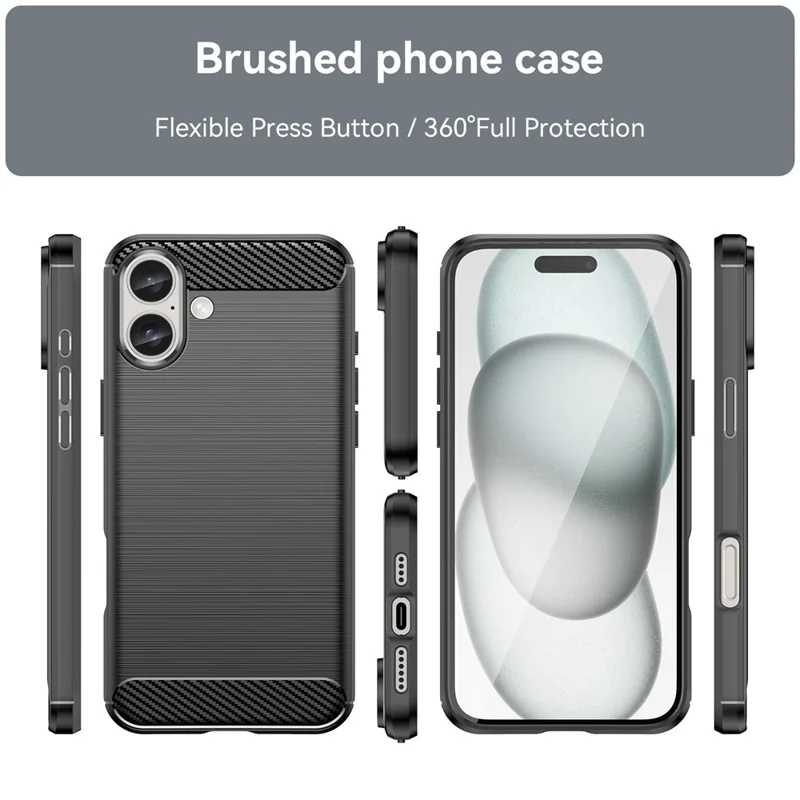 For iPhone 16 Plus Case Brushed Soft TPU Phone Cover Carbon Fiber Texture - Black