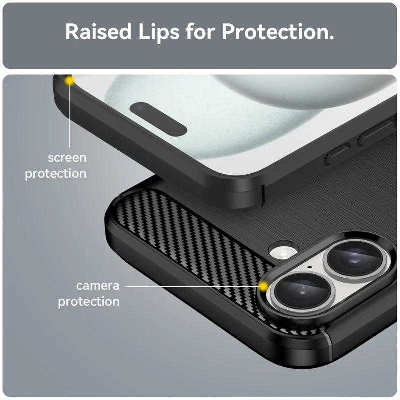 For iPhone 16 Plus Case Brushed Soft TPU Phone Cover Carbon Fiber Texture - Black
