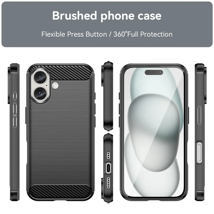 For iPhone 16 Case Brushed Soft TPU Phone Cover Carbon Fiber Texture - Black