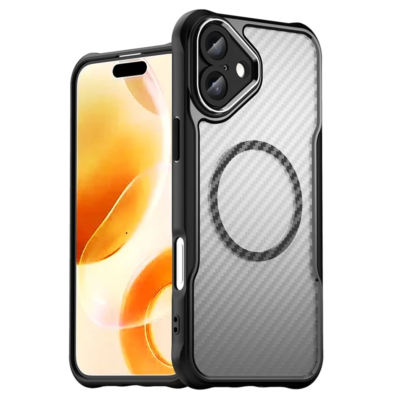 For iPhone 16 Plus Magnetic Case TPU+PC Phone Cover Carbon Fiber Texture - Black