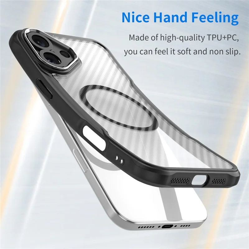 For iPhone 16 Plus Magnetic Case TPU+PC Phone Cover Carbon Fiber Texture - Black