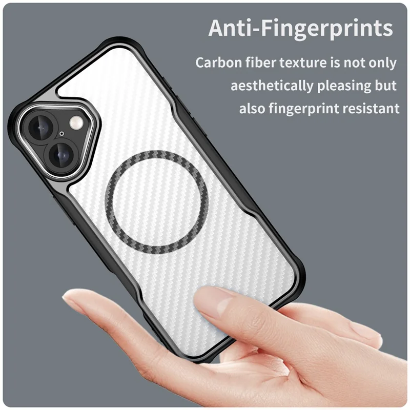 For iPhone 16 Plus Magnetic Case TPU+PC Phone Cover Carbon Fiber Texture - Black