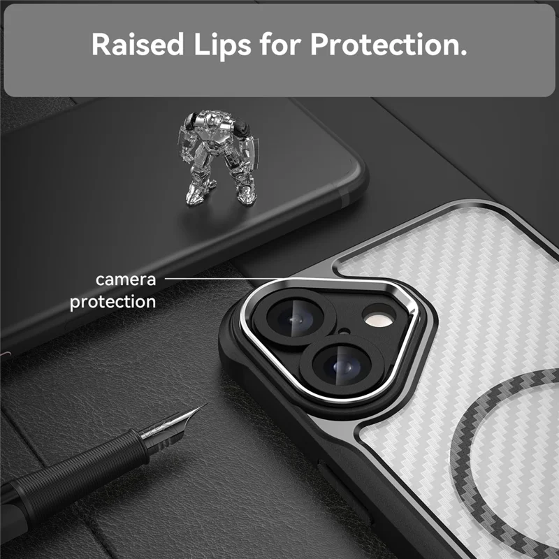 For iPhone 16 Plus Magnetic Case TPU+PC Phone Cover Carbon Fiber Texture - Black