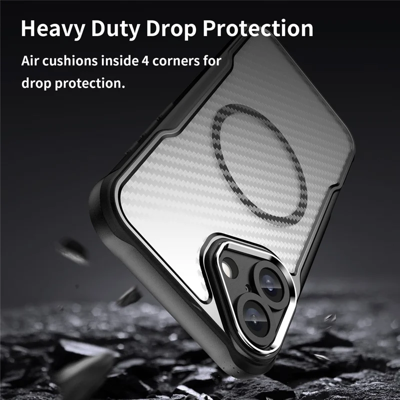 For iPhone 16 Plus Magnetic Case TPU+PC Phone Cover Carbon Fiber Texture - Black