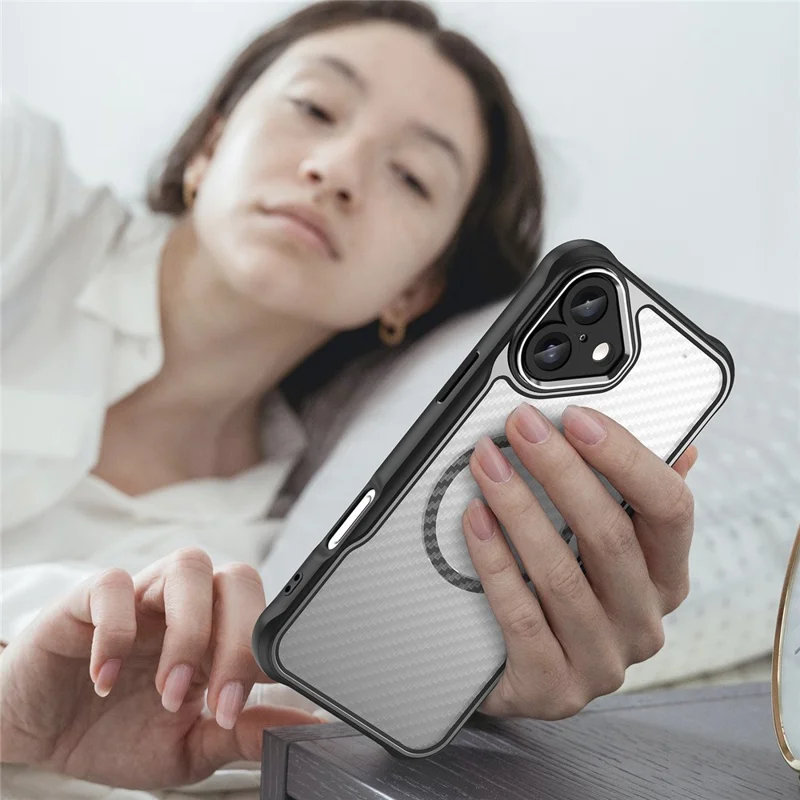 For iPhone 16 Plus Magnetic Case TPU+PC Phone Cover Carbon Fiber Texture - Black