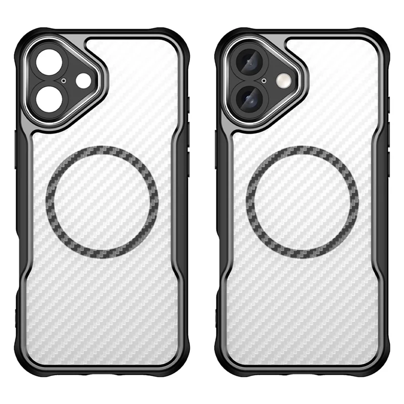 For iPhone 16 Plus Magnetic Case TPU+PC Phone Cover Carbon Fiber Texture - Black