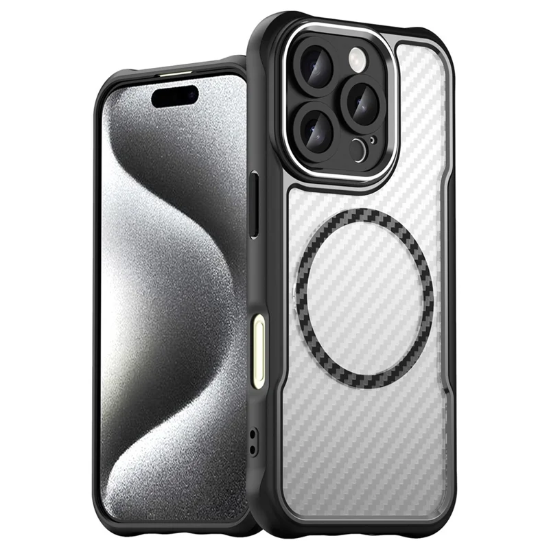 For iPhone 16 Pro Magnetic Case Carbon Fiber Texture Translucent TPU+PC Phone Cover - Black