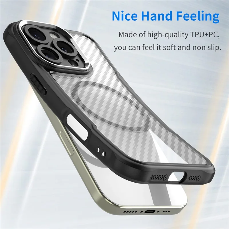 For iPhone 16 Pro Magnetic Case Carbon Fiber Texture Translucent TPU+PC Phone Cover - Black
